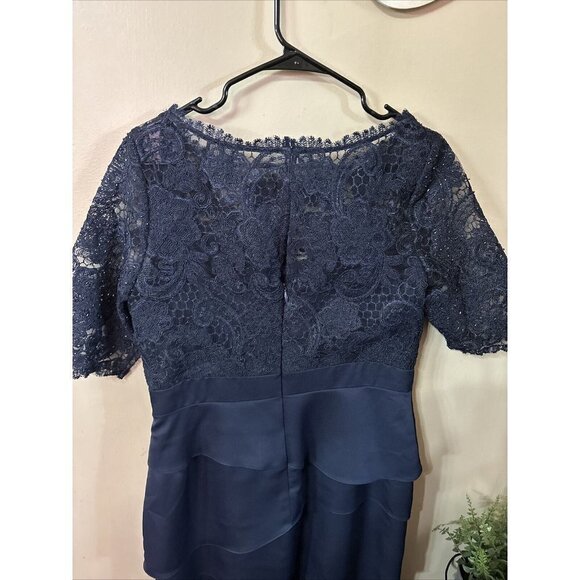 ADRIANNA Papell Blue Lace Dress Side Draped Ruched Sheer 3/4 Sleeve, Size 12 M5 - Picture 5 of 13